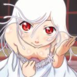  bare_shoulders bent_over blush breasts cleavage_reach downblouse hanging_breasts leaning_forward long_hair looking_at_viewer monogatari_(series) no_bra off_shoulder red_eyes sengoku_nadeko small_breasts smile solo strap_slip t_jiroo_(ringofriend) white_hair 