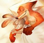  2016 anthro bed black_nose brown_fur canine disney duo eyes_closed female fox fur grey_fur judy_hopps lagomorph long_ears male mammal nick_wilde pillow rabbit sleeping smile unknown_artist white_fur zootopia 