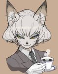  2012 :3 anthro beverage business_suit cat clothing coffee cup eyelashes eyeshadow feline gloves hair inner_ear_fluff kemonon looking_away makeup mammal monochrome necktie portrait restricted_palette sepia short_hair simple_background solo steam suit whiskers yellow_eyes 