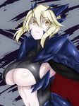 armor artoria_pendragon_(all) artoria_pendragon_(lancer_alter) bangs blonde_hair braid breasts brown_eyes cape closed_mouth commentary_request fate/grand_order fate_(series) from_side hair_between_eyes highres horns large_breasts looking_at_viewer looking_to_the_side midriff navel pale_skin pauldrons sideboob sidelocks solo sprout_(33510539) stomach swept_bangs underboob upper_body 