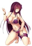  barefoot bikini blush breasts euforia fate/grand_order fate_(series) flower full_body hair_flower hair_ornament hibiscus huge_breasts kneeling long_hair looking_at_viewer navel open_mouth purple_hair red_eyes scathach_(fate)_(all) scathach_(swimsuit_assassin)_(fate) simple_background solo swimsuit white_background 
