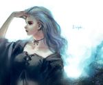  blue_hair breasts brown_eyes character_name choker closed_mouth collarbone cross-laced_clothes delphi_diggory eyelashes hand_on_head harry_potter kurosujuu light_particles long_hair looking_away medium_breasts multicolored_hair profile silver_hair solo streaked_hair upper_body white_background 