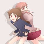  2girls atarashi_ako bare_legs bottomless female long_sleeves multiple_girls naked_track_jacket no_panties no_pants saki school_uniform skirt takakamo_shizuno uniform 