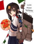  :d anchor bad_id bad_twitter_id bangs blue_skirt blurry blush bouquet brown_eyes brown_hair commentary cowboy_shot dated depth_of_field engrish eyebrows eyebrows_visible_through_hair flag flower from_side fubuki_(kantai_collection) hair_ornament happy_birthday highres holding holding_bouquet kantai_collection looking_at_viewer low_ponytail object_on_head open_mouth pleated_skirt ranguage school_uniform serafuku short_ponytail short_sleeves sidelocks simple_background skirt smile solo strap string_of_flags tabiaki_(cosy_catastrophe) white_background 