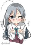  ahoge bangs blue_bow blue_neckwear blush bow bowtie closed_mouth collared_shirt cupping_hands ebifurya eyebrows eyebrows_visible_through_hair grey_eyes grey_hair hair_between_eyes hair_ribbon highres kantai_collection kiyoshimo_(kantai_collection) long_hair long_sleeves looking_at_viewer one_eye_closed ribbon shirt simple_background sleeveless solo suggestive_fluid translated twitter_username upper_body white_background white_ribbon white_shirt 