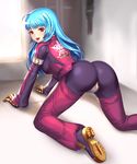  :d all_fours arm_belt ass bangs belt belt_buckle blue_hair blurry bodysuit braid breasts buckle chaps clothes_writing cropped_jacket cross crotch_zipper depth_of_field eyebrows eyebrows_visible_through_hair eyelashes from_behind gloves hair_ornament heart heart_print highres kula_diamond long_hair long_sleeves looking_at_viewer looking_back medium_breasts on_floor open_mouth purple_bodysuit red_eyes shoe_soles side_braid smile solo the_king_of_fighters the_king_of_fighters_xiv turna98 zipper 