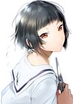  bangs black_hair blouse blunt_bangs bob_cut earrings from_above from_side holding holding_scissors jewelry looking_at_viewer o3o ogino_atsuki original school_uniform scissors severed_hair short_hair simple_background solo stud_earrings upper_body white_background white_blouse 