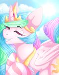  2016 clothing collaboration cutie_mark equine eyes_closed feathered_wings feathers female feral fluffymaiden friendship_is_magic grin hair horn legwear long_hair mammal multicolored_hair my_little_pony princess_celestia_(mlp) princesschyuu socks solo striped_legwear striped_socks stripes white_feathers winged_unicorn wings 