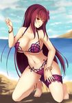  anklet barefoot beach bikini blush breasts day euforia fate/grand_order fate_(series) flower full_body hair_flower hair_ornament hibiscus huge_breasts jewelry kneeling long_hair looking_at_viewer navel ocean open_mouth purple_hair red_eyes scathach_(fate)_(all) scathach_(swimsuit_assassin)_(fate) solo swimsuit 