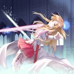  arched_back asuna_(sao) battle breastplate brown_hair cuts hadi highres holding holding_sword holding_weapon injury long_hair looking_at_viewer pleated_skirt red_skirt skirt solo sword sword_art_online thighhighs weapon white_legwear yellow_eyes 