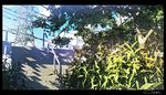  blue_sky border cloud cloudy_sky dappled_sunlight day leaf nature no_humans original outdoors railing scenery shadow signature sky stairs sunlight transmission_tower tree waisshu_(sougyokyuu) 