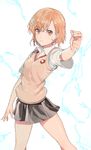  :| badge biribiri brown_eyes brown_hair closed_mouth electricity flower grey_skirt hair_flower hair_ornament hairpin highres misaka_mikoto pinch_(nesume) pleated_skirt pose school_uniform short_hair skirt solo standing sweater_vest to_aru_kagaku_no_railgun to_aru_majutsu_no_index v-shaped_eyebrows 