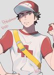  backpack bag baseball_cap brown_eyes character_name grey_background hand_on_hip hat holding holding_poke_ball kiri_futoshi looking_at_viewer male_focus poke_ball pokemon pokemon_(game) pokemon_sm raglan_sleeves red_(pokemon) shirt signature simple_background solo t-shirt upper_body 