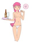  bottle breasts brown_eyes chestnut_mouth cote cropped_legs cup drinking_glass flat_color long_hair looking_at_viewer navel nipples no_pants original panties pink_hair simple_background solo topless tray underwear white_background 