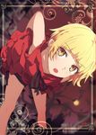  arm_behind_back blonde_hair blurry depth_of_field fang highres kiss-shot_acerola-orion_heart-under-blade kizumonogatari leaning_forward looking_at_viewer monogatari_(series) ogipote open_mouth short_hair sleeveless solo yellow_eyes 