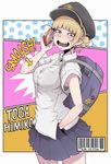  armpit_peek armpits backpack badge bag bangs barcode blonde_hair blunt_bangs blush boku_no_hero_academia bra bra_peek bra_through_clothes breasts button_badge cabbie_hat cellphone character_name cowboy_shot double_bun english fangs hat ina_(gokihoihoi) knife large_breasts looking_at_viewer messy_hair open_mouth peaked_cap phone polka_dot polka_dot_background school_bag school_uniform see-through shirt short_sleeves skirt smile smiley_face solo spoilers text_focus toga_himiko underwear weapon white_shirt yellow_eyes 