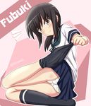  ass black_hair blush brown_eyes character_name fubuki_(kantai_collection) highres kantai_collection long_hair looking_at_viewer panties pantyshot pleated_skirt school_uniform serafuku skirt smile sock_pull solo tamayan trefoil underwear white_panties 