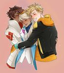  2girls blanche_(pokemon) blonde_hair blush brown_hair candela_(pokemon) dark_skin grin happy highres hug multiple_girls pokemon pokemon_go smile spark_(pokemon) stupiddrawing white_hair 