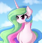  2016 cloud equine eyelashes female feral fluffymaiden friendship_is_magic hair hi_res horn long_hair mammal multicolored_hair multicolored_tail my_little_pony outside princess_celestia_(mlp) purple_eyes smile solo winged_unicorn wings 