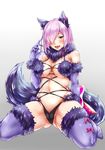  :d animal_ears blush breasts dangerous_beast elbow_gloves fate/grand_order fate_(series) fur-trimmed_legwear fur_trim gloves hair_over_one_eye halloween_costume highres large_breasts mash_kyrielight mashita_matsuge navel no_shoes open_mouth purple_eyes purple_hair purple_legwear short_hair smile solo tail wolf_ears wolf_tail 