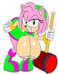  2015 5_fingers alternate_costume amy_rose anthro areola bent_over big_breasts bracelet breasts clothing daredemon7000 dialogue erect_nipples female fur gloves green_eyes grin hairband hammer hanging_breasts hedgehog hi_res huge_breasts jewelry looking_at_viewer mammal nipples pink_fur simple_background smile solo sonic_(series) teeth tools white_background white_gloves 