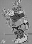  animal_humanoid belly_growth breast_expansion breasts female humanoid lagomorph mammal monochrome obese open_mouth overweight rabbit_humanoid solo standing sutibaru unzipped 