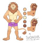  boxer_briefs bulge close-up clothed clothing color_swatch english_text feline flat_colors front_view hands_on_hips lion lock-wolf male mammal mane model_sheet navel open_mouth pawpads pecs signature smile solo standing text topless underwear 