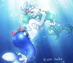  1girl artist_request ass blue_eyes breasts furry long_hair pokemon primarina solo teal_hair underwater 