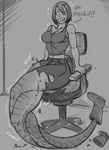  clothed clothing fangs female hair humanoid monochrome reptile scalie sitting snake solo sutibaru teeth thick_thighs transformation 