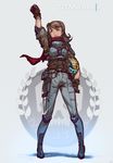  absurdres belt_pouch brown_hair elbow_pads genderswap genderswap_(mtf) gloves green_eyes helmet highres holding holding_helmet jack_cooper knee_pads long_hair nogchasaeg_(karon2848) parted_lips pouch raised_fist scarf smile solo titanfall titanfall_2 