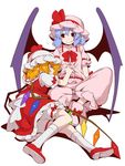  ascot bat_wings bloomers breath closed_eyes clothes_grab commentary_request eichi_yuu fang flandre_scarlet gem hat hat_ribbon mary_janes mob_cap multiple_girls red_ribbon remilia_scarlet ribbon shoes siblings sisters sleeping sleeping_on_person smile touhou underwear wings 