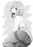  1girl 3: ass blush breasts eyebrows_visible_through_hair from_side go-toubun_no_hanayome greyscale hair_between_eyes headphones headphones_around_neck looking_at_viewer medium_breasts medium_hair monochrome mushi024 nakano_miku panties panties_under_pantyhose pantyhose sidelocks sitting solo sweater thighband_pantyhose underwear yokozuwari 