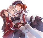  3girls :d akagi_(kantai_collection) akagi_(kantai_collection)_(cosplay) aquila_(kantai_collection) aquila_(kantai_collection)_(cosplay) black_gloves black_legwear blonde_hair blue_eyes blush brown_eyes brown_hair capelet chestnut_mouth cosplay costume_switch girl_sandwich gloves graf_zeppelin_(kantai_collection) graf_zeppelin_(kantai_collection)_(cosplay) hair_ornament hat ichikei japanese_clothes kantai_collection long_hair multiple_girls muneate one_eye_closed open_mouth pantyhose peaked_cap ponytail sandwiched sidelocks simple_background skirt smile tasuki thighhighs twintails white_legwear 