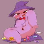  anal_beads blush candy cape cat censored clitoris clothing cub feline female flat_chested food fur halloween hat holidays looking_at_viewer mammal navel open_mouth purple_fur pussy red_eyes sex_toy solo spread_legs spreading tongue young みぜる 