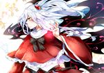  black_bow black_neckwear black_wings blush bow bowtie capelet closed_mouth commentary_request demon_wings floating_hair frills from_side hair_bobbles hair_ornament kikuichi_monji long_hair long_sleeves looking_away profile red_capelet shinki silver_eyes silver_hair solo touhou touhou_(pc-98) upper_body wide_sleeves wings 