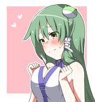  3: bare_arms bare_shoulders blush breast_squeeze breasts cleavage collared_shirt commentary embarrassed food frog_hair_ornament green_eyes green_hair hair_ornament heart highres kochiya_sanae kz_oji large_breasts long_hair pocky pocky_day shirt sleeveless snake_hair_ornament solo sweat touhou very_long_hair wavy_mouth 
