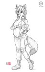  2016 5_fingers anthro breasts canine clothed clothing coyote female fur hair kacey mammal navel nipples open_mouth pregnant simple_background sketch smile solo teeth traditional_media_(artwork) white_background wide_hips 