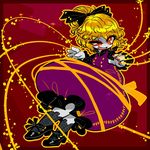  black_bow blonde_hair bow dress hair_bow highres kurodani_yamame nail_polish no_nose open_mouth pale_skin purple_dress red_background red_eyes red_nails silk solo spider_web touhou yt_(wai-tei) 