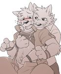  anthro armor blush bracers canine chest_tuft clothed clothing clothing_lift duo embarrassed fondling hand_on_chest male male/male mammal open_mouth pants simple_background smile takemoto_arashi tuft wolf 