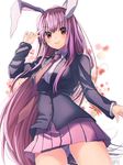  animal_ears ass_visible_through_thighs blazer blush breasts bunny_ears closed_mouth commentary_request cowboy_shot floral_background hakusai_ponzu jacket long_hair long_sleeves looking_at_viewer medium_breasts miniskirt necktie panties pantyshot pantyshot_(standing) pink_skirt purple_hair purple_neckwear purple_panties red_eyes reisen_udongein_inaba skirt smile solo standing touhou underwear upskirt very_long_hair 
