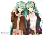  closed_eyes earphones green_hair hatsune_miku long_hair multiple_girls open_mouth red_eyes twintails very_long_hair vocaloid yokoyari_mengo 