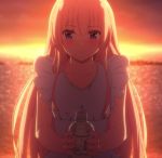  1girl beach bottle girly_air_force gripen_(girly_air_force) highres long_hair pink_hair purple_eyes screencap stitched sunset third-party_edit 