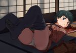  black_hair feet green_eyes jpeg_artifacts kantai_collection legs_up looking_at_viewer lying mogami_(kantai_collection) on_back panties pantyhose pantyhose_pull partially_undressed short_hair shorts shorts_removed solo thighs tooku_nomura_(artist) underwear undressing white_panties 