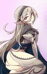  :o ass black_gloves female_my_unit_(fire_emblem_if) fire_emblem fire_emblem_if from_behind gloves grey_legwear hair_between_eyes hairband halftone halftone_background hand_on_own_chest juliet_sleeves long_hair long_sleeves looking_at_viewer looking_back lyn_(shunao) my_unit_(fire_emblem_if) open_mouth puffy_sleeves red_eyes silver_hair sitting solo sweat thighhighs yokozuwari 