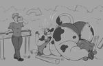  anthro beverage bovine camel_toe cattle clothed clothing duo female human male mammal monochrome obese overweight sutibaru thick_thighs 