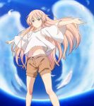  1girl angel_wings cloud girly_air_force gripen_(girly_air_force) highres long_hair pink_hair purple_eyes screencap shorts sky stitched third-party_edit wings 