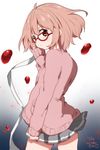  bandages bangs blood blush bob_cut brown_eyes cardigan from_behind glasses kuriyama_mirai kyoukai_no_kanata long_sleeves looking_at_viewer looking_back no_legwear pink_hair pleated_skirt ragho_no_erika red-framed_eyewear school_uniform short_hair simple_background skirt sleeves_past_wrists solo standing 