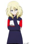  1girl arm_grab artist_name bangs blonde_hair blue_eyes bukkuri casual closed_mouth commentary_request dated eyebrows_visible_through_hair flag_print french_flag girls_und_panzer long_sleeves looking_at_viewer medium_hair messy_hair oshida_(girls_und_panzer) print_sweater signature simple_background smile solo standing sweater upper_body white_background 