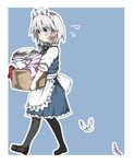  &gt;:( apron ascot black_legwear blue_eyes blush bow braid collared_shirt dress flying_sweatdrops frown hair_bow highres izayoi_sakuya kz_oji laundry laundry_basket loafers maid maid_headdress pantyhose sash shirt shoes short_hair silver_hair sleeves_rolled_up solo sweat touhou twin_braids v-shaped_eyebrows waist_apron walking 