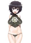  arms_behind_back ass_visible_through_thighs bare_shoulders black_hair black_panties blue_eyes blush breasts crop_top girls_und_panzer highres large_breasts long_hair looking_at_viewer midriff minazuki_juuzou navel open_mouth oryou_(girls_und_panzer) panties ponytail simple_background smile solo standing underwear white_background 